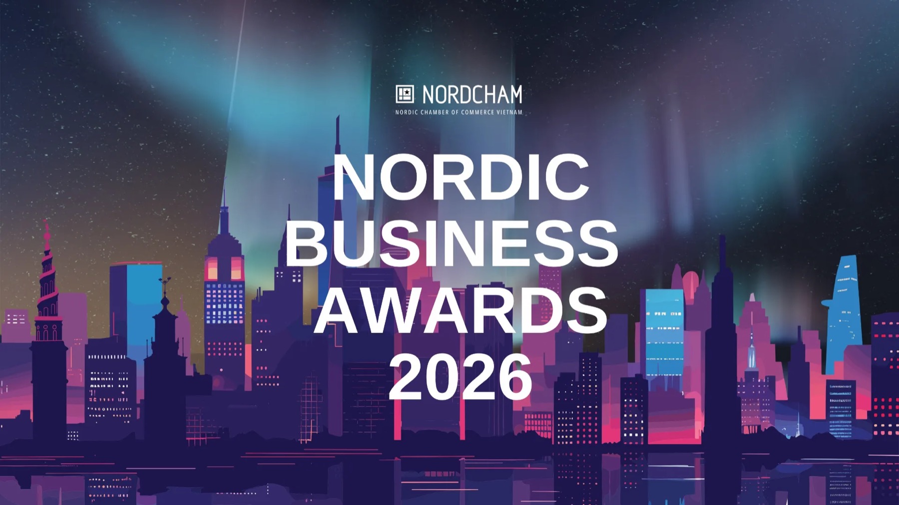 Key visual for the Nordic Business Awards: an aurora over a skyline of Nordic and Vietnamese towers